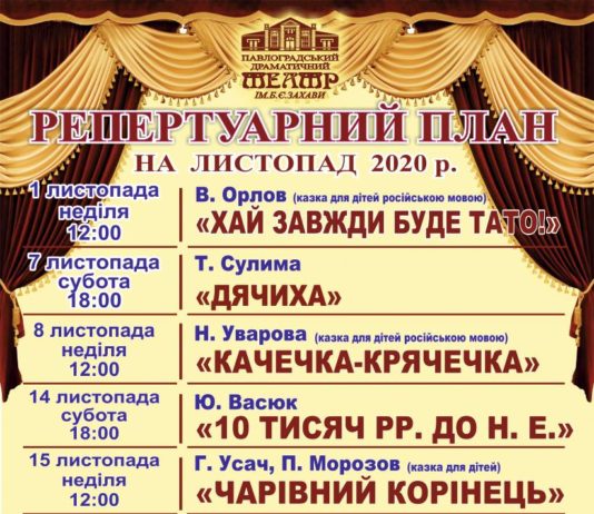 Павлоградський театр ім. Б. Захави: репертуар на листопад